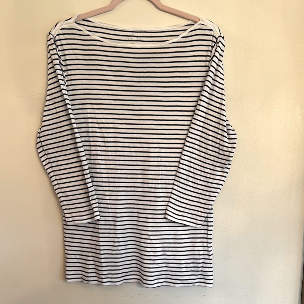 3/4 Sleeve Black and White Nautical Striped Boat Neck Knit Top Size XL